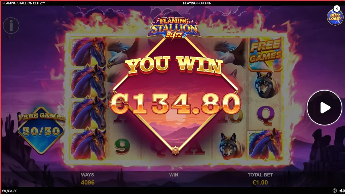 Flaming Stallion Blitz slot game interface na may naglalagablab na asul na kabayo sa disyerto