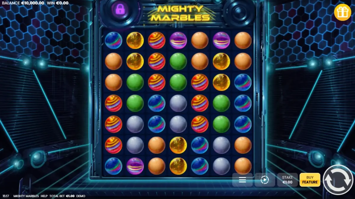 Mighty Marbles slot machine interface na may neon space theme